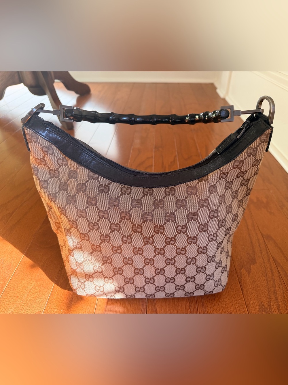 Gucci Beige and Brown GG Canvas Shoulder Bag with Dark Bamboo Handle
